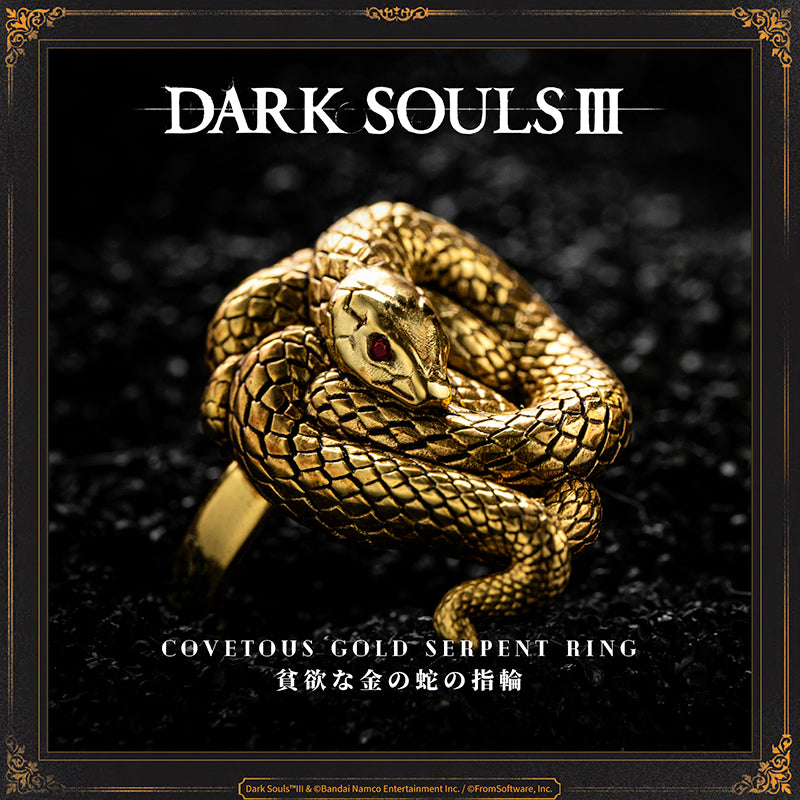 Covetous Gold Serpent Ring
A gold ring depicting a snake that could have been, but never was, a dragon. Fallen foes are more likely to drop items.  Snakes are known as creatures of great avarice, devouring prey even larger than themselves by swallowing them whole.  If one's shackles are cause for discontent, perhaps it is time for some good old fashioned greed.
PRODUCT PARAMETER
Brand: STARFORGED
Name: Covetous Gold Serpent Ring
Material: 18K Gold (Gold Version) / Brass (Brass Version)
Size: Hei